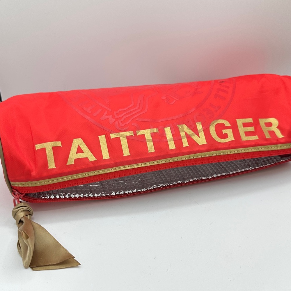 Taittinger branded red and gold insulated champagne cooler bag/makeup case